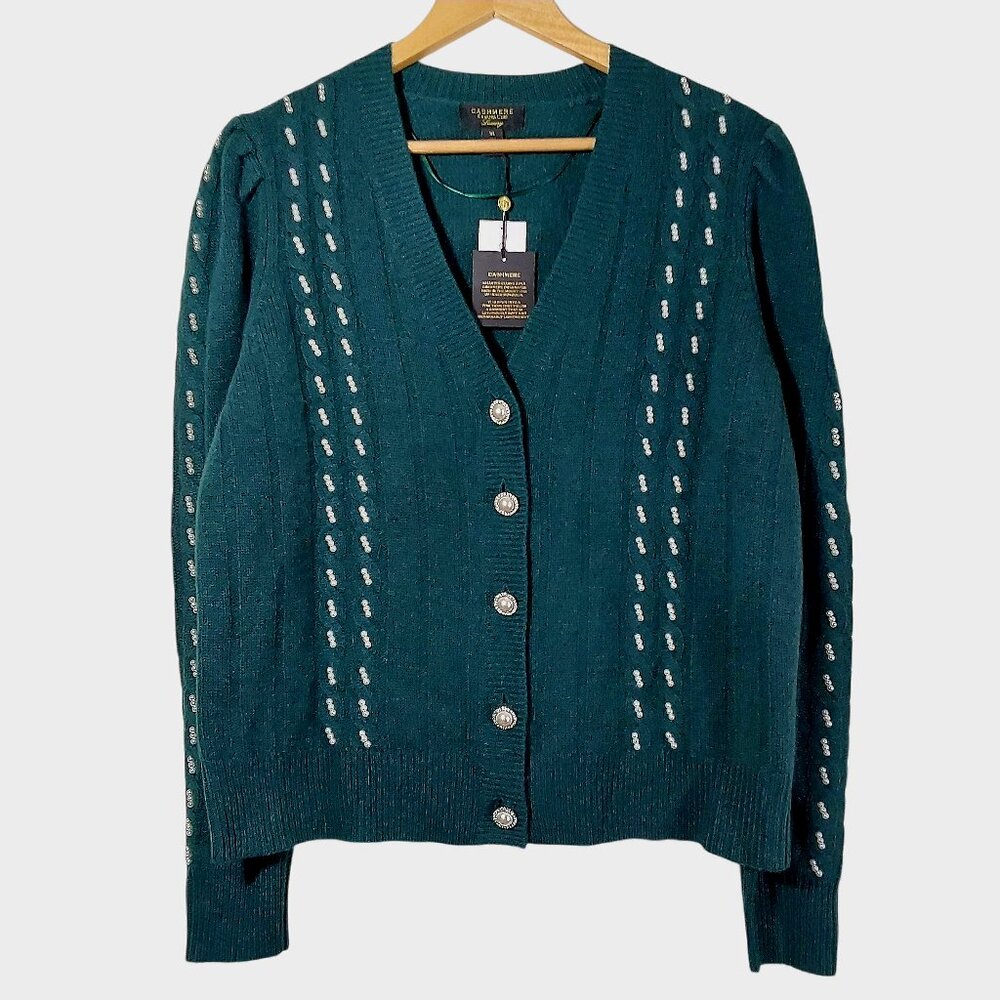 NWT Charter Club 100% Cashmere Boyfriend Cardigan Teal w Faux Pearl Accents - XL